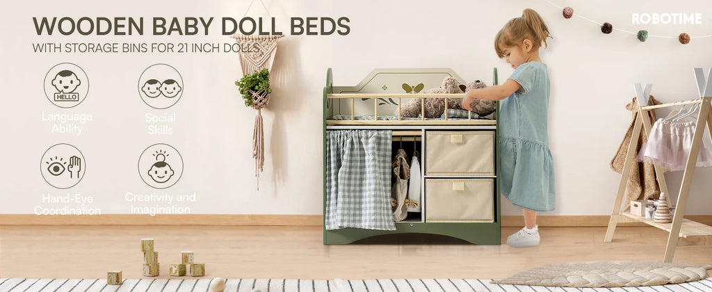 Robotime robud Baby Doll Bed with Storage and Bedding ice Gift of Doll Beds for 18 Inch Dolls to Children for Girls Green