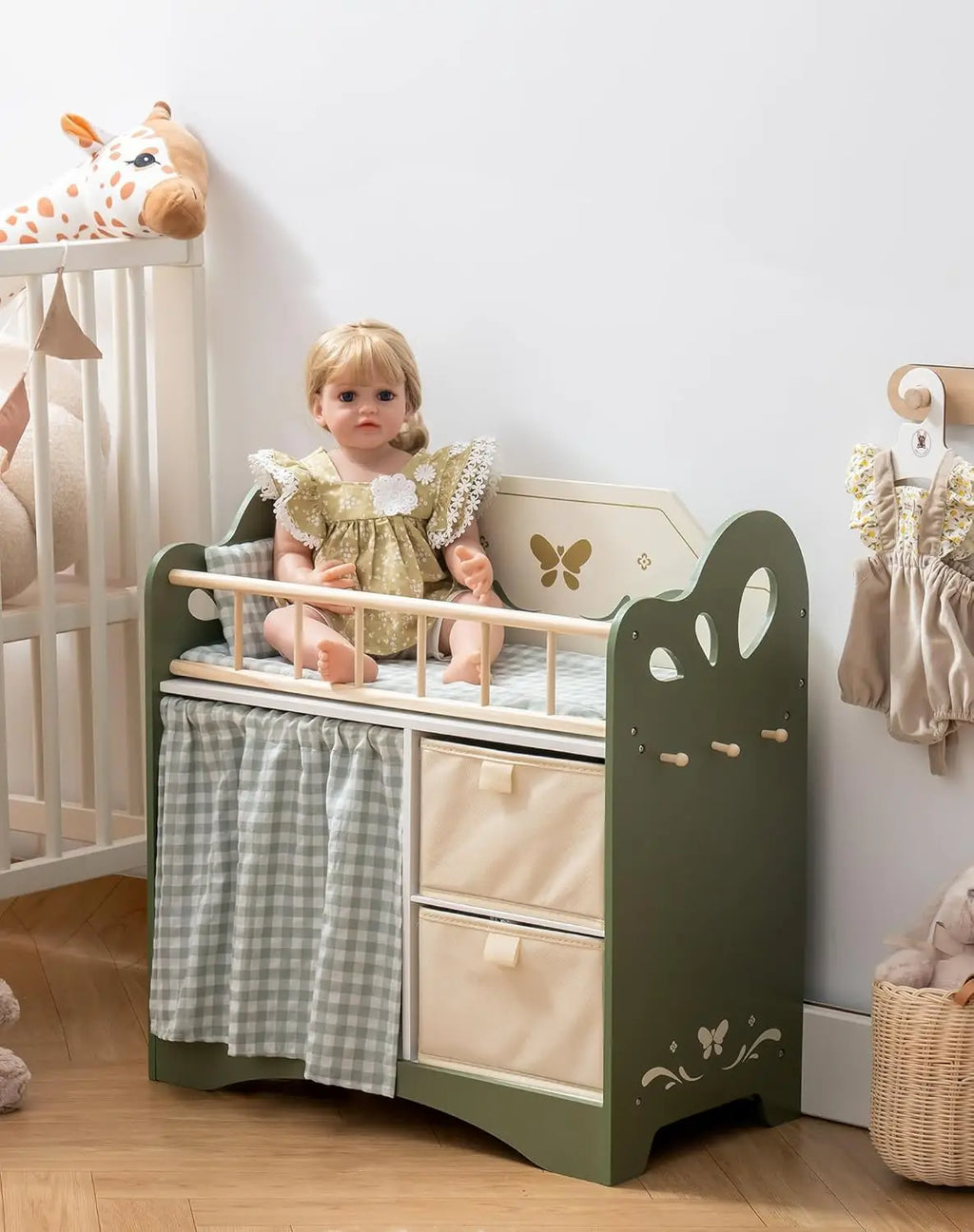 Robotime robud Baby Doll Bed with Storage and Bedding ice Gift of Doll Beds for 18 Inch Dolls to Children for Girls Green